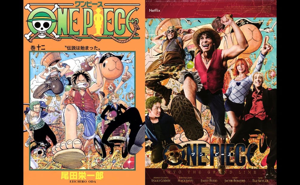 Eiichiro Oda entrega capítulos semanales del manga (izq.) de ONE PIECE desde 1997. La adaptación de Netflix (der.) tiene la buena fama de hacer guiños al arte de Oda. Imágenes: Shueisha/Netflix/X.