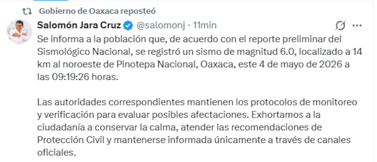 Mensaje de Salomón Jara por sismo en Pinotepa Nacional. Foto: Captura de pantalla