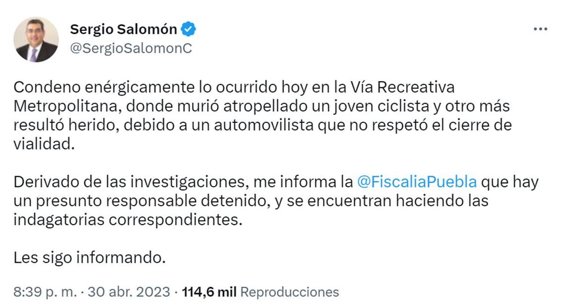 Sergio Salomón lamente la muerte de joven ciclista. Foto:Captura de pantalla