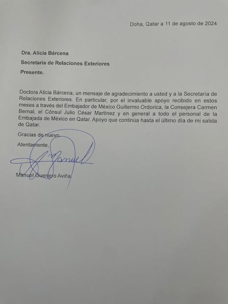 Foto: La carta que Manuel Guerrero envió a Alicia Bárcena agradeciendo el apoyo para que saliera de Qatar, tras ser detenido. Foto: X @aliciabarcena