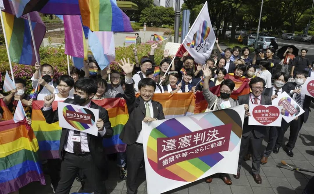Abogados de demandantes y partidarios festejan un fallo de la corte distrital de Nagoya, Japón, martes 30 de mayo de 2023. Foto: AP