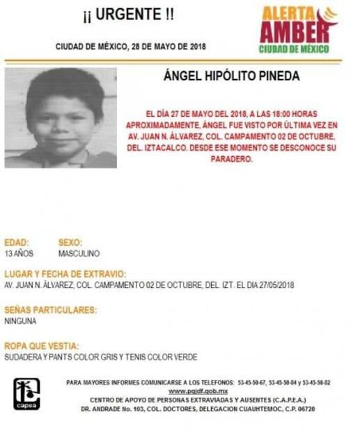 Activan Alerta Amber para localizar a Ángel Hipólito, extraviado en Iztacalco