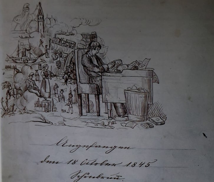 Autorretrato. Dibujo contenido en su diario de 1845 -1846, resguardado en el Hof und Staat satchiv de Viena. Crédito: Autorretrato. Dibujo contenido en su diario de 1845 -1846, resguardado en el Hof und Staat satchiv de Viena.