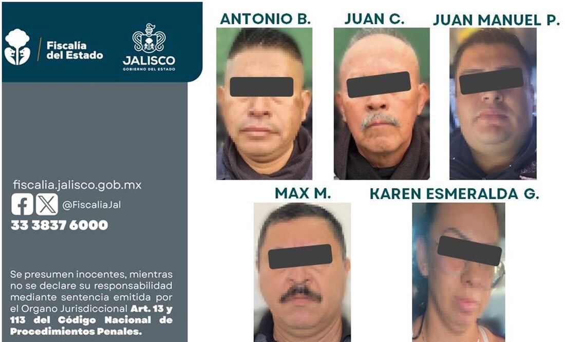 Los cinco policías detenidos en Poncitlán, Jalisco fueron identificados como Antonio B., Juan C., Juan Manuel P., Max M. y Karen Esmeralda G. (9/0172025). Foto: Especial
