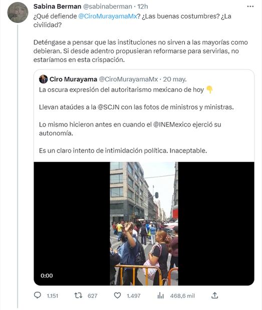 La escritora respondió a un tuit de Ciro Murayama sobre el mitin contra los ministros de la Corte. Foto: captura de pantalla