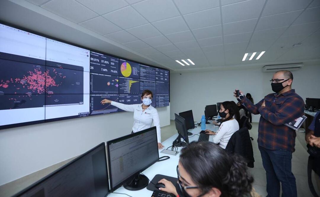A través de 33 pantallas,  seis de ellas dedicadas al monitoreo del Covid-19, en el Centro de Inteligencia en Salud es posible dar un seguimiento al día, sin rezagos, de la enfermedad en la entidad. Fotos: Especiales