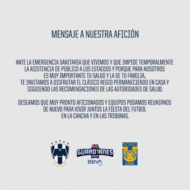 Rayados y Tigres piden a afición quedarse en casa en el Clásico Regio