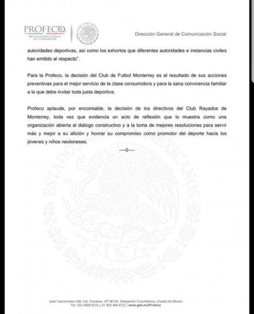 Profeco y Conapred aplauden a Rayados su cambio de opinión