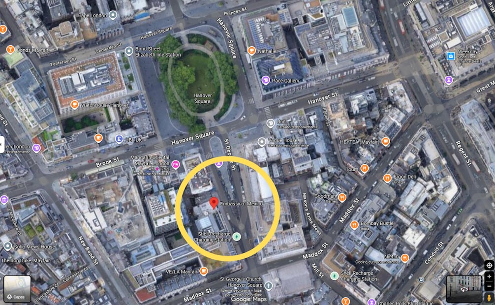 Mapa satelital de la embajada de México en Londres. Foto: Google Maps
