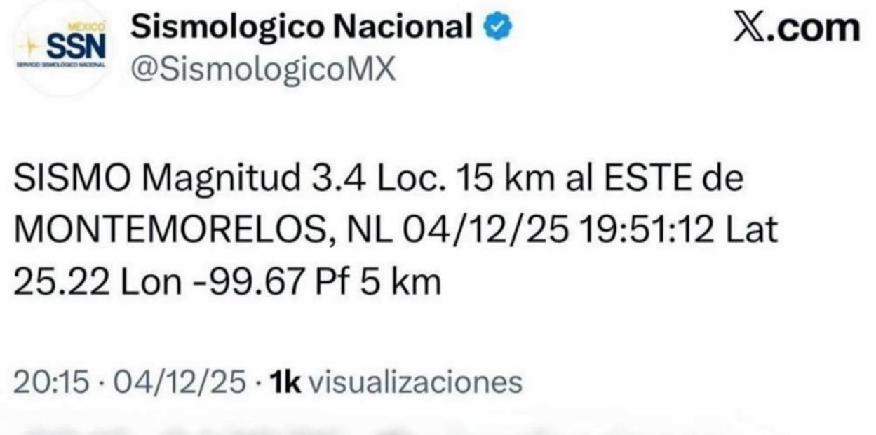 Sismo en Montemorelos, en Nuevo León (04/12/2025). Foto: Especial