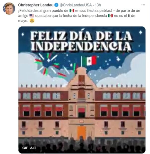 Exembajador Landau felicita a México por su Independencia que “no es el 5 de mayo”