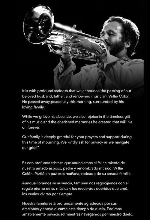 Anuncian la muerte del salsero Willie Colón.