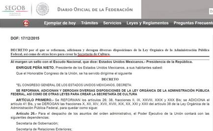 Diario Oficial publica creación de la Secretaría de Cultura