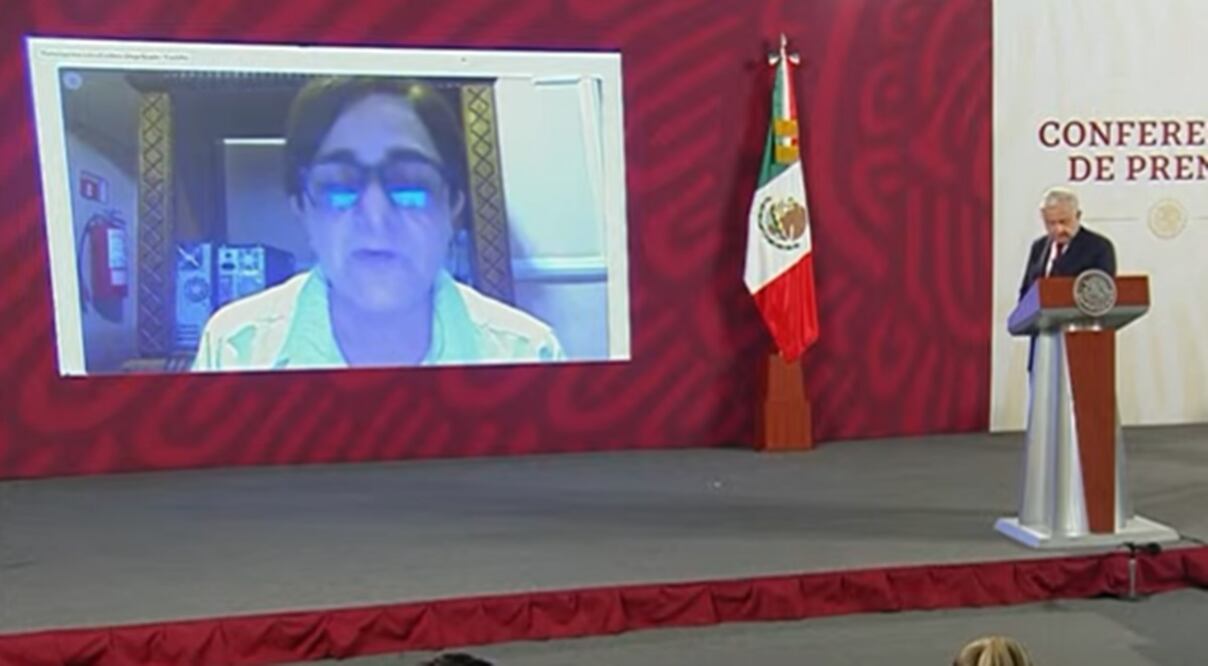 Laura Velázquez, coordinadora nacional de Protección Civil, vía remota en la conferencia mañanera de AMLO. Foto: Especial