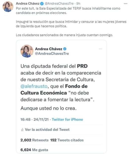 Por este tuit, diputada “tocaya” de AMLO y del "relevo generacional", señala al TEPJF de querer inhabilitarla