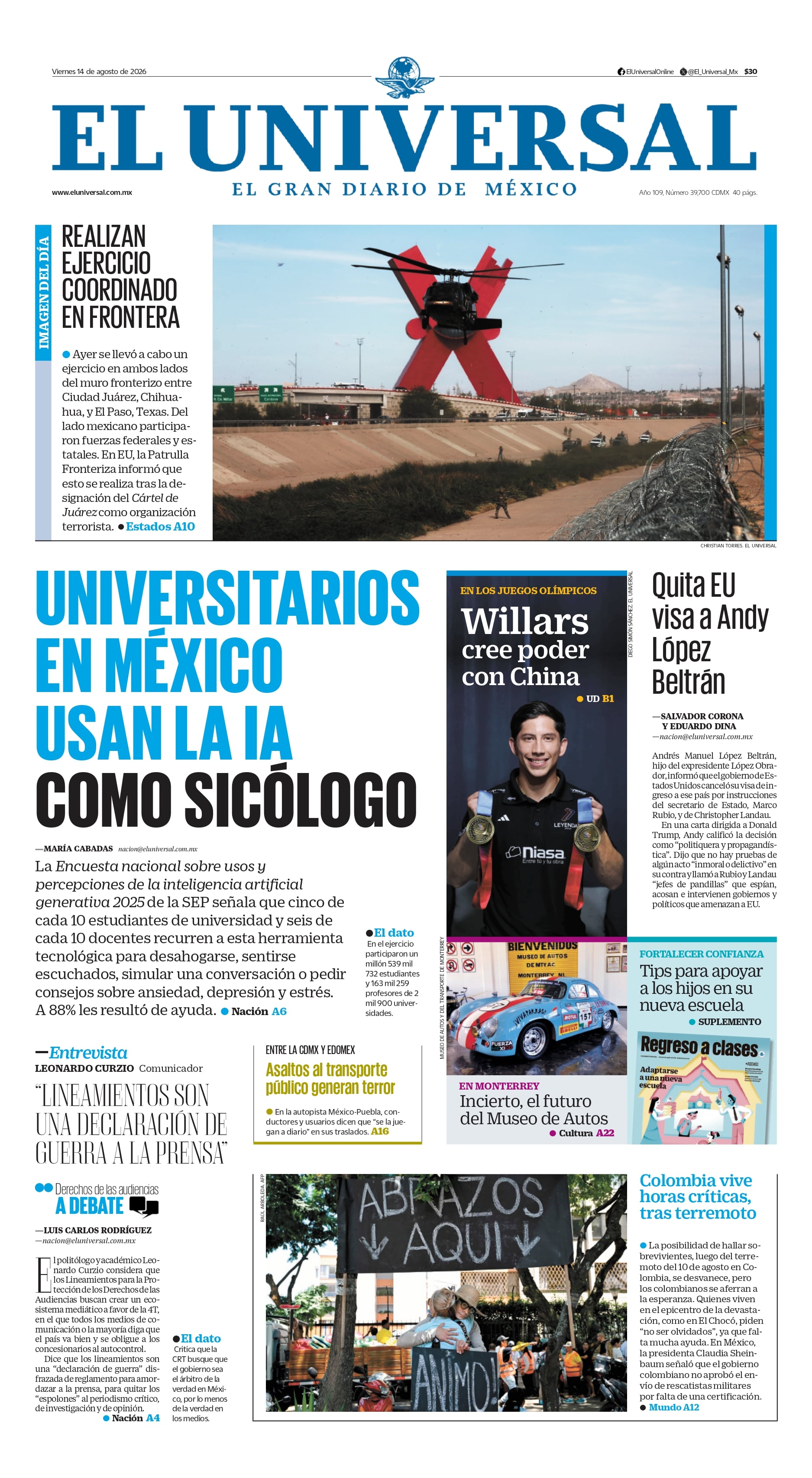 Portada impresa del 14 de agosto de 2026