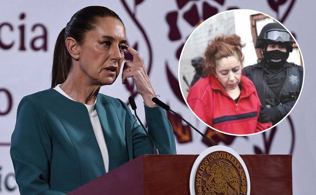 La presidenta Claudia Sheinbaum en su conferencia matutina del 17 de marzo de 2025.En el círculo: Malinali Jaqueline Gálvez Ruiz, hermana de Xóchitl Gálvez, excandidata presidencial. Fotos: Berenice Fregoso/EL UNIVERSAL y Especial