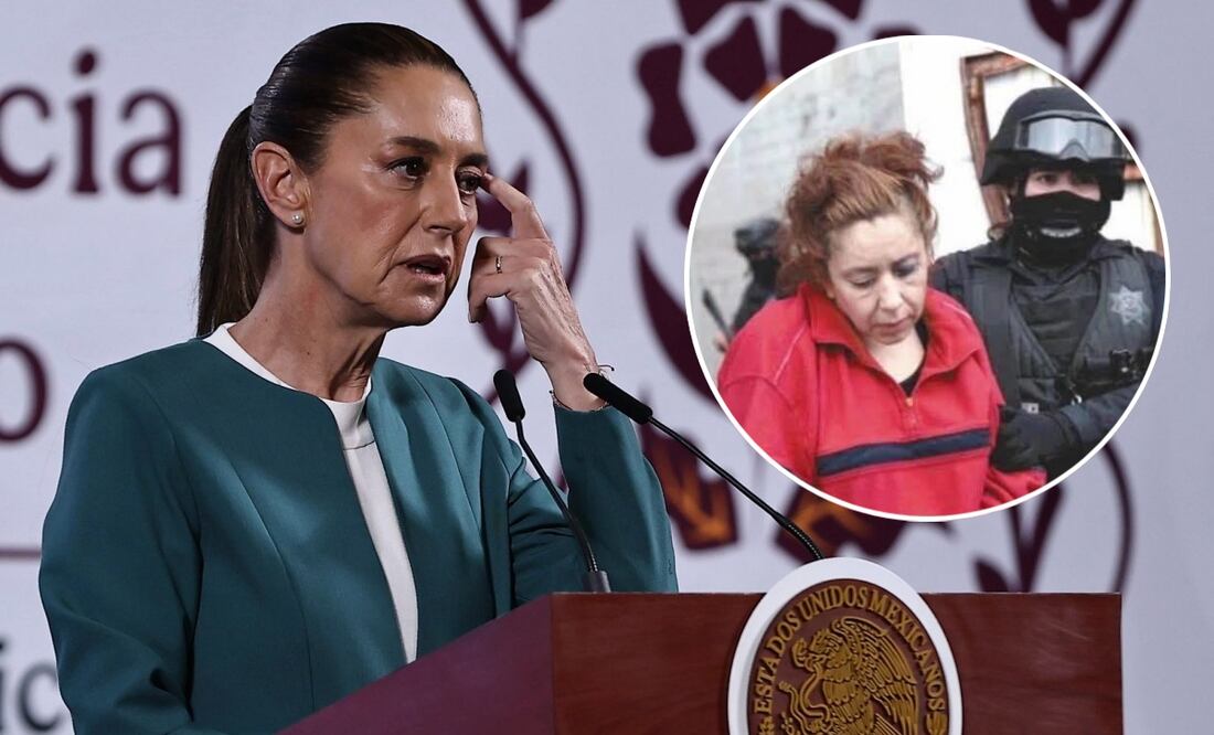 La presidenta Claudia Sheinbaum en su conferencia matutina del 17 de marzo de 2025.En el círculo: Malinali Jaqueline Gálvez Ruiz, hermana de Xóchitl Gálvez, excandidata presidencial. Fotos: Berenice Fregoso/EL UNIVERSAL y Especial