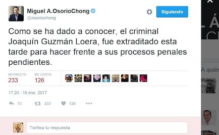Osorio Chong confirma extradición del "Chapo"