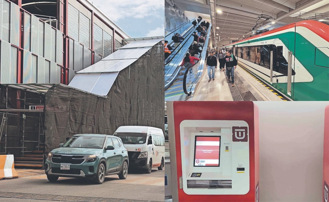 Autoridades aún construyen los pasos peatonales y no han puesto en funcionamiento los módulos para recargar la tarjeta de movilidad en 11 estaciones del tren al AIFA. Fotos: Arturo Contreras y Diego Simón Sánchez/ EL UNIVERSAL