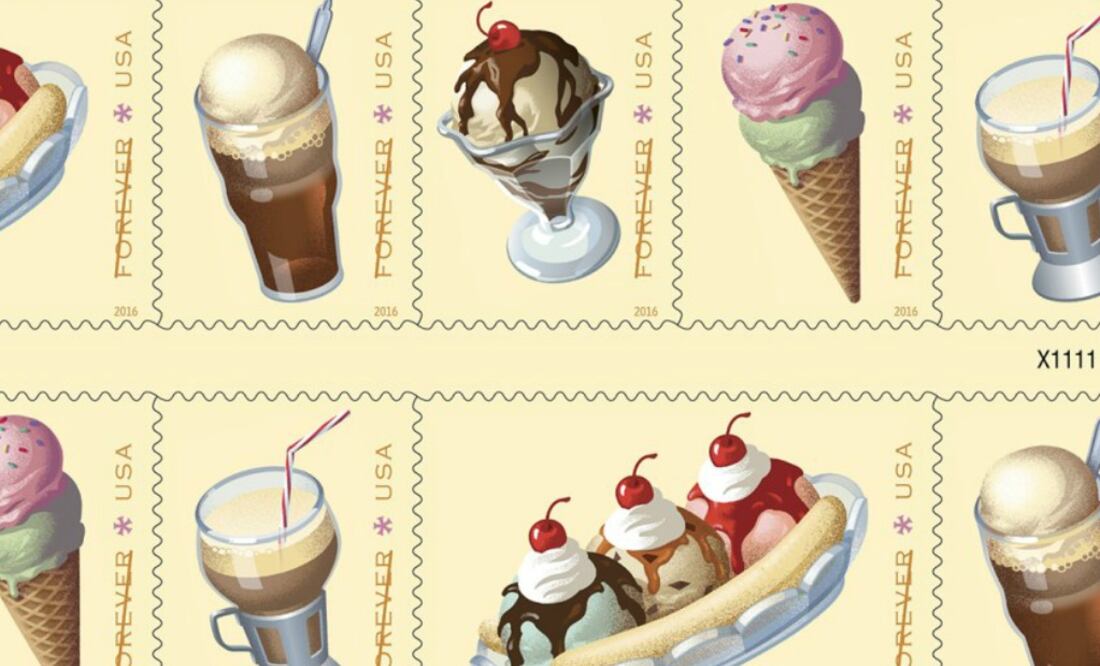 Timbres postales que celebran al banana split