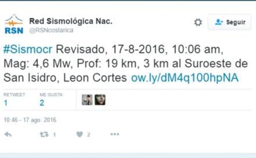Reportan sismo de 4.6 grados en Costa Rica