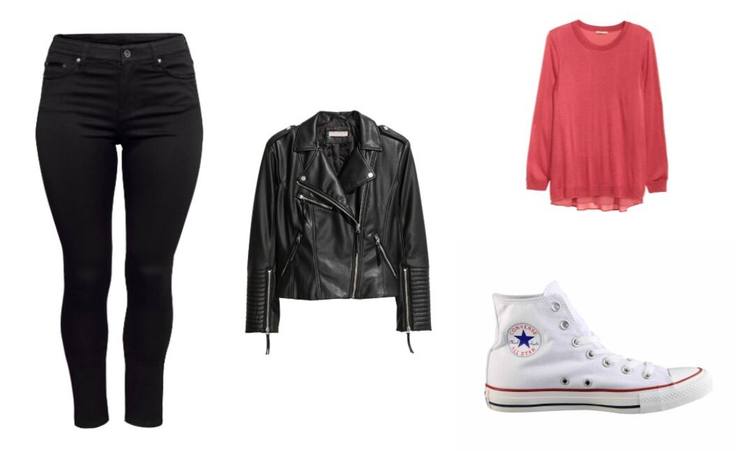 Jeans de H&M $499
Jersey de H&M $499
Cazadora de H&M $749 
Converse blancos en Liverpool  $899