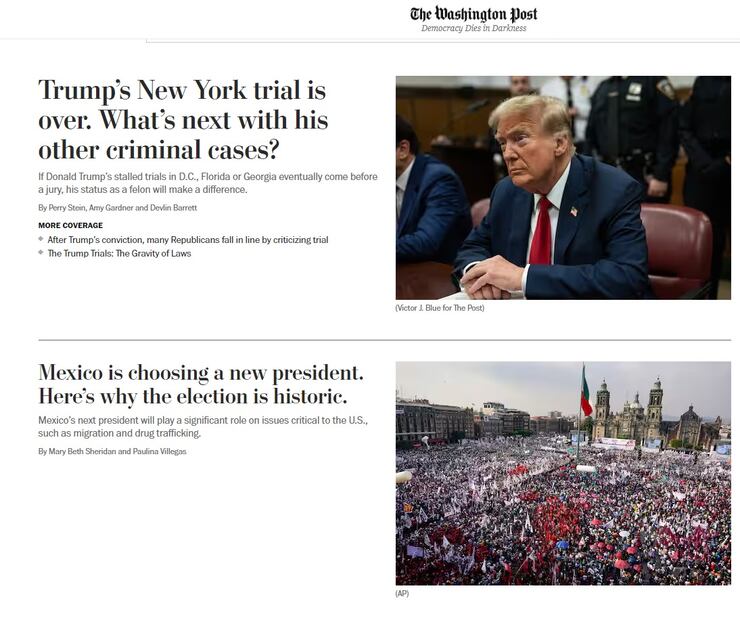 La portada del Washington Post, durante el desarrollo de las elecciones en México. FOTO: CAPTURA