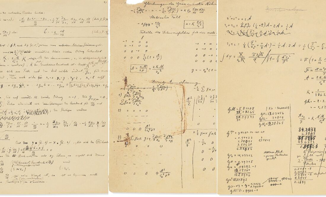 Vista de tres de las 54 páginas del documento escrito por Albert Einstein. Foto: EFE