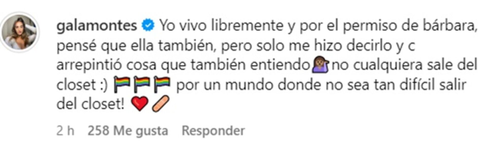 Con este mensaje, Gala Montes se defendió de quienes la señalaron de presionar a su compañera para salir del clóset. Foto: Instagram