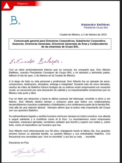El empresario Alberto Baillères murió el miércoles, no el jueves, precisa Grupo Bal