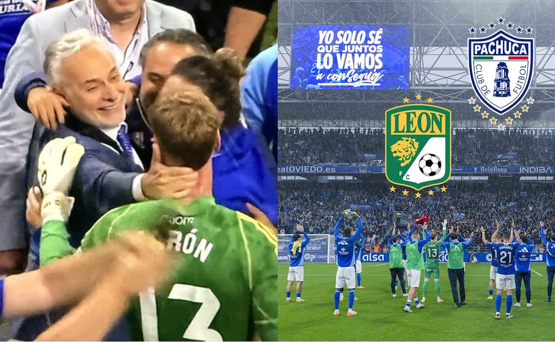 Jesús Martínez, presidente de Grupo Pachuca, en festejo, junto con los futbolistas del Real Oviedo - Fotos: Real Oviedo/Especial