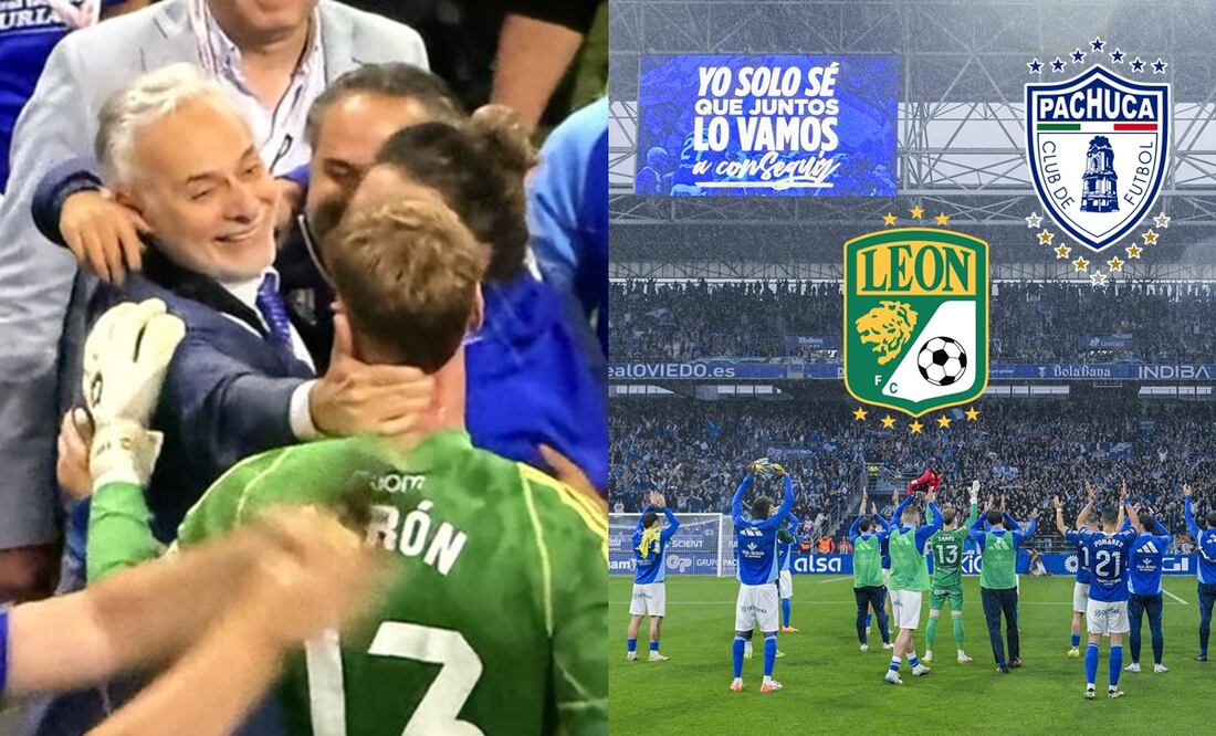 Jesús Martínez, presidente de Grupo Pachuca, en festejo, junto con los futbolistas del Real Oviedo - Fotos: Real Oviedo/Especial