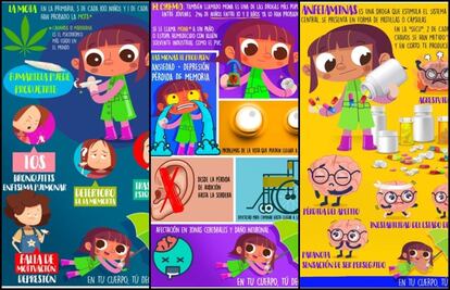 Estas son las imágenes de los folletos que alertan a niños sobre el consumo de drogas