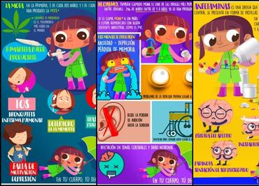 Estas son las imágenes de los folletos que alertan a niños sobre el consumo de drogas
