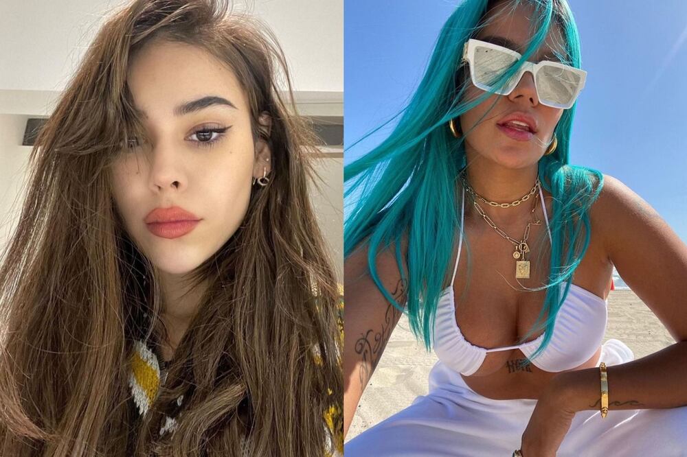 Danna Paola y Karol G se sumaron a la tendencia braless con el mismo diseño de suéter / Foto: Instagram @dannapaola @karolg