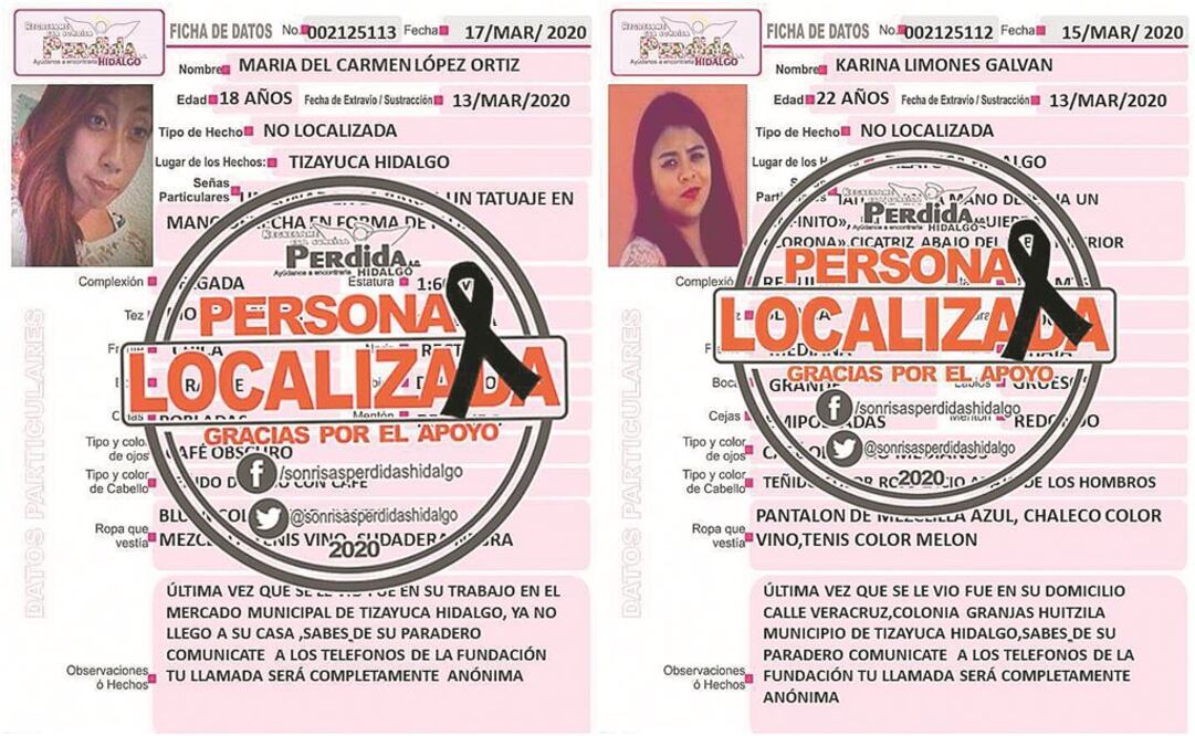 Karina Limones fue encontrada sin vida en el Estado de México. María del Carmen López fue vista por última vez en el mercado de Tizayuca. FOTOS: ESPECIAL