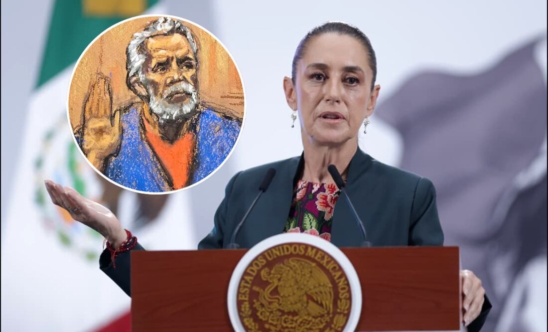 La presidenta Claudia Sheinbaum en la mañanera del 28 de agosto de 2025. Fotos: Fernanda Rojas/EL UNIVERSAL y EFE.