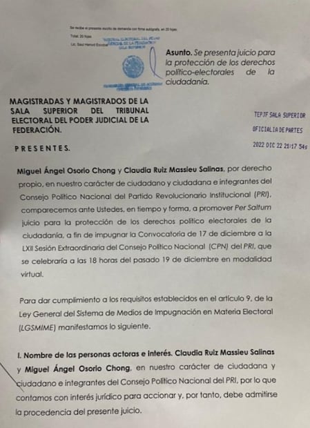 Ruiz Massieu y Osorio Chong impugnan sesión para extender mandato de “Alito” Moreno en PRI