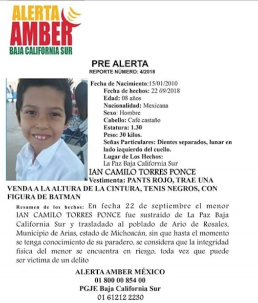 Lanzan Alerta Amber para localizar a Ian Camilo sustraído en La Paz, BCS