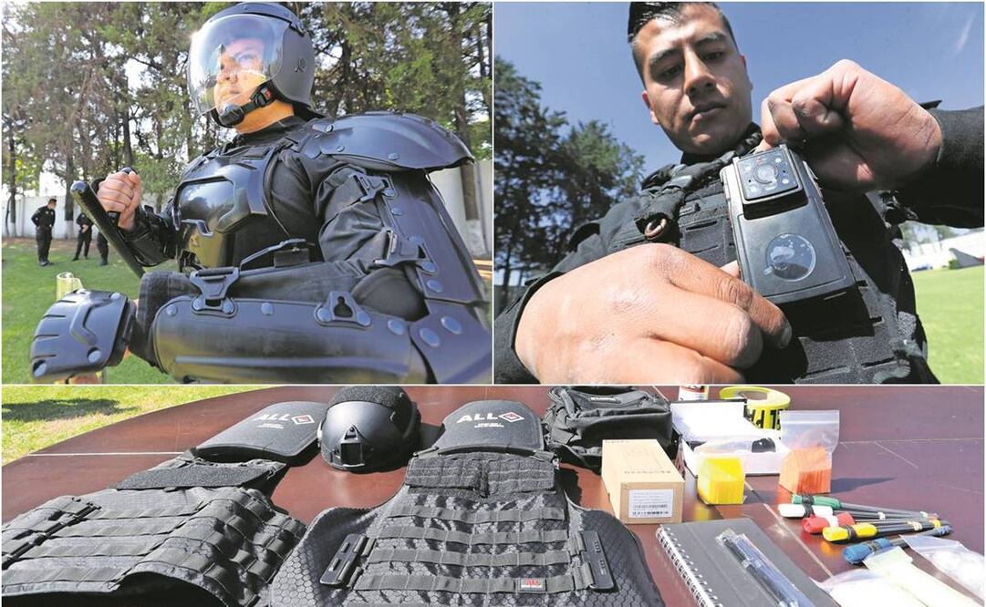 Policías de la Secretaría de Seguridad mexiquense recibieron cámaras que portarán en la solapa del uniforme, así como chalecos antibalas y más herramientas. Foto: Jorge Alvarado/EL UNIVERSAL