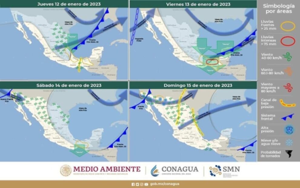 Frente frío 23 provocará lluvias y descensos de temperatura al noreste, oriente y centro del país
