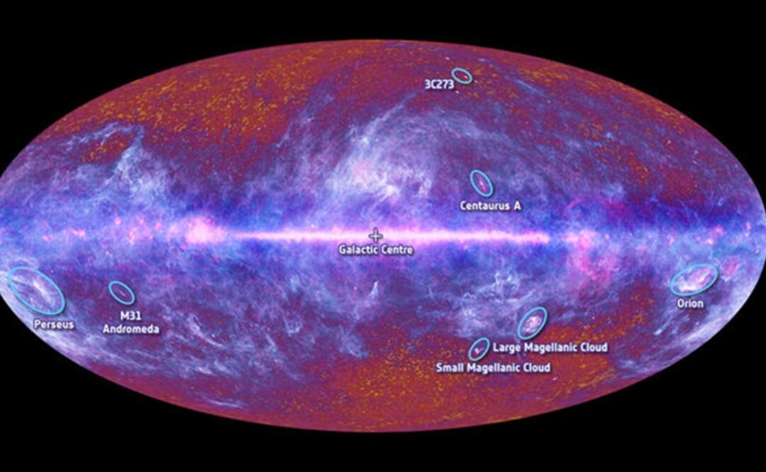 Esta imagen multi-frecuencia de cielo completo del cielo de microondas ha sido compuesta usando datos de Planck que cubren el espectro electromagnético de 30 GHz a 857 GHz. (FOTO: ESA)