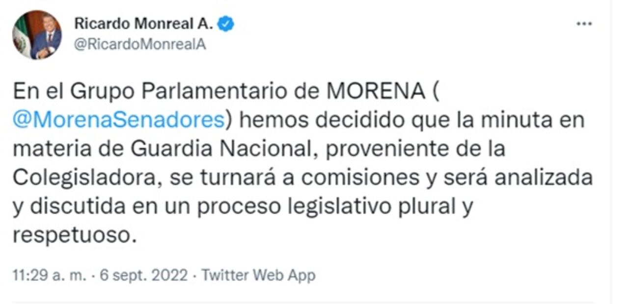 No habrá fast track, anuncia Monreal sobre GN y la Sedena