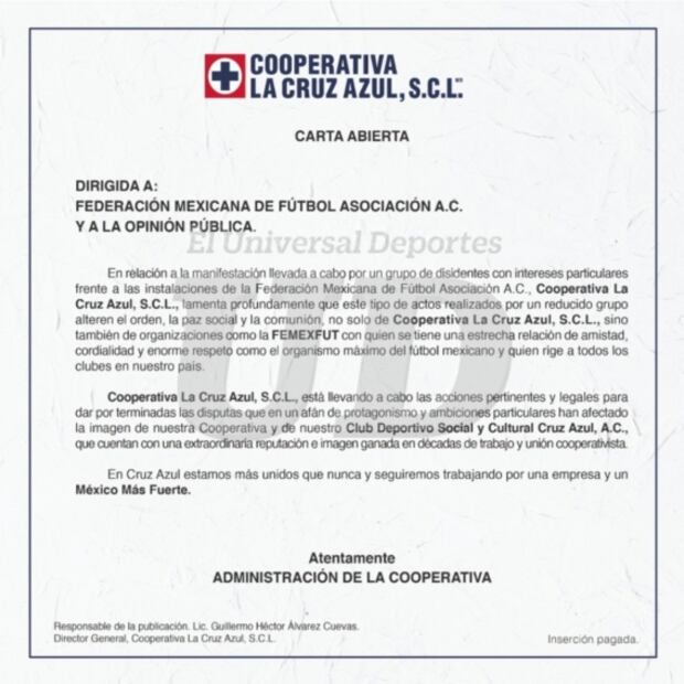 Cruz Azul advierte que no se dejará intimidar por disidentes