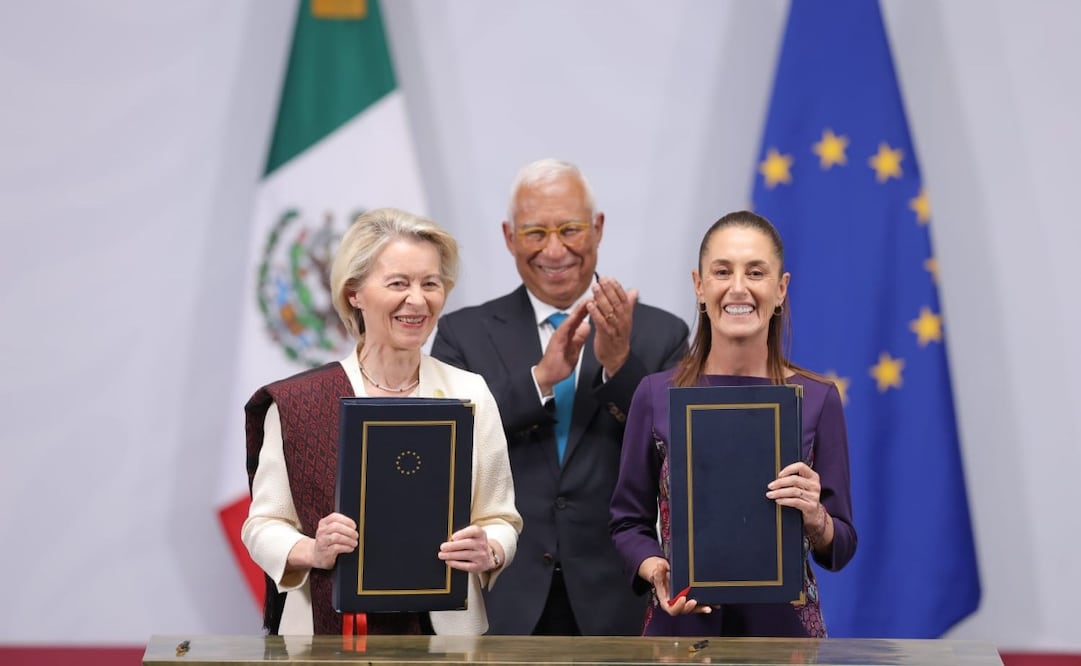 Claudia Sheinbaum, Ursula von der Leyen y António Costa durante la Cumbre México-Unión Europea en Palacio Nacional. (22/05/2026). Foto: Gabriel Pano / EL UNIVERSAL