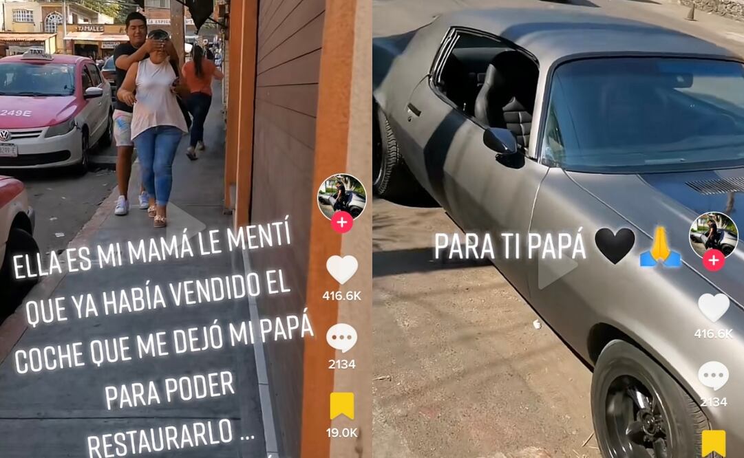 Un joven de Morelos sorprendió a su mamá con la restauración del auto que le pertenecía a su papá fallecido. Foto: TikTok @aaronosorio85
