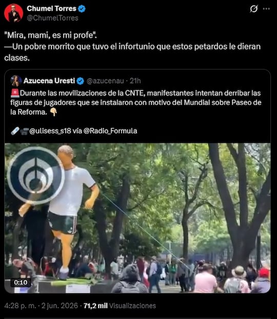 Chumel Torres reacciona a destrozos de maestros de la CNTE contra figuras de futbolistas en Reforma. Foto: Captura de pantalla