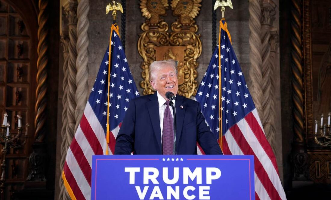 El presidente electo Donald Trump habla durante una conferencia de prensa en su finca de Mar-a-Lago, en Palm Beach, Florida, el martes 7 de enero de 2025. Foto: AP