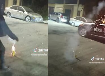 VIDEO ¿Qué podría salir mal? Mujer prende cohete y cae sobre patrulla en Hermosillo